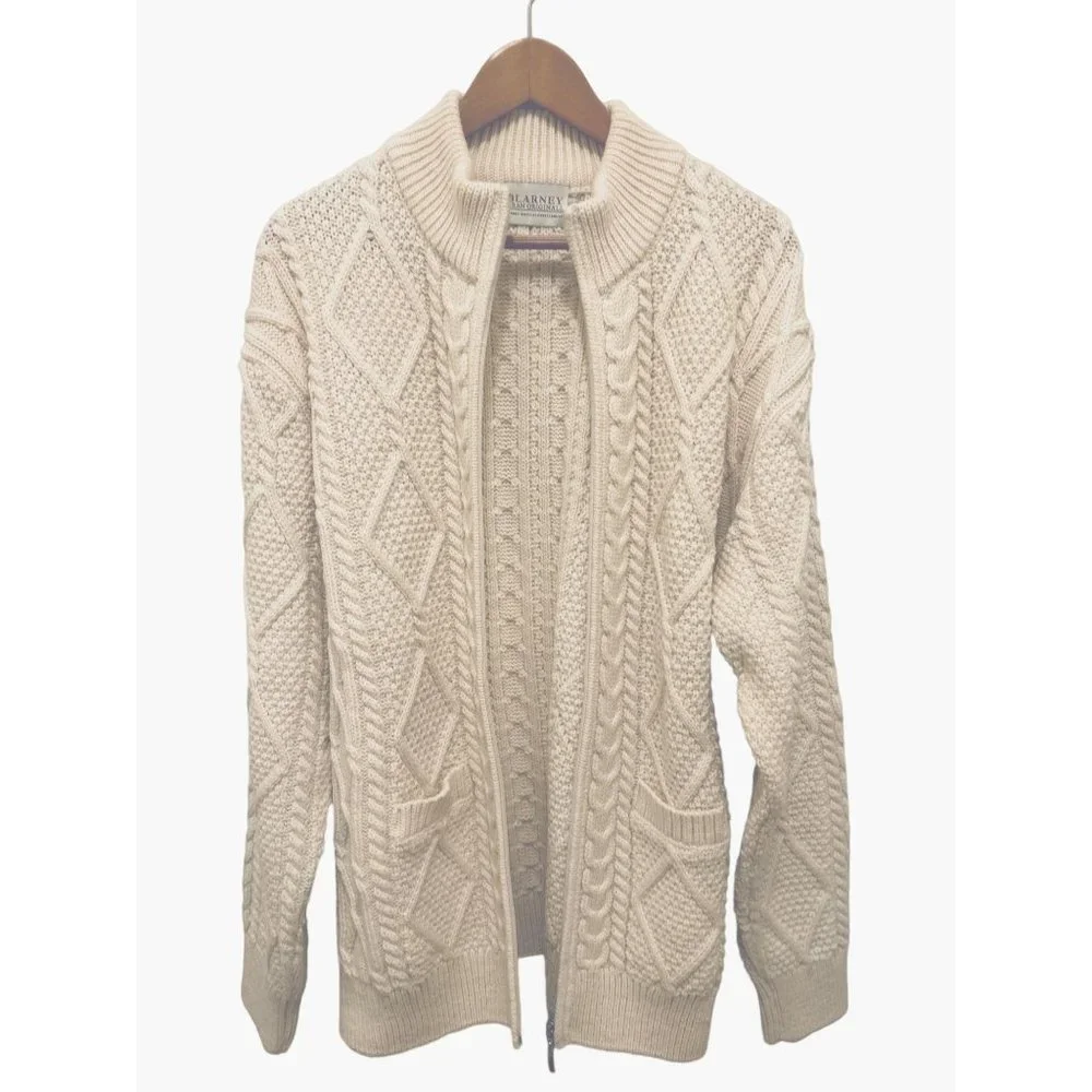 BLARNEY WOOLLEN MILLS ARANS - Hand-Knit Full Zip Aran Cardigan White Size 3XL - Picture 7 of 11